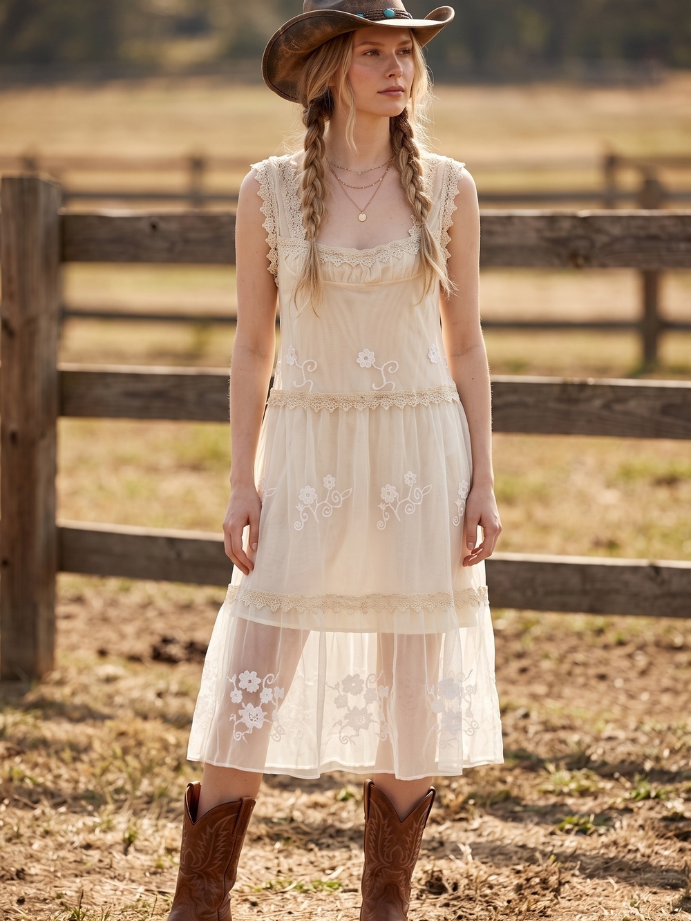 Boho Cream Embroidered Midi Dress